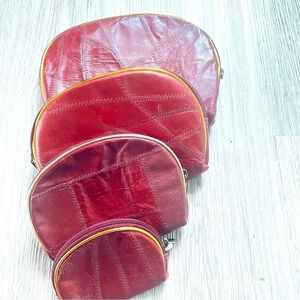 Vintage Genuine Burgundy Leather Mini Bags  Pouch Wallet One Set